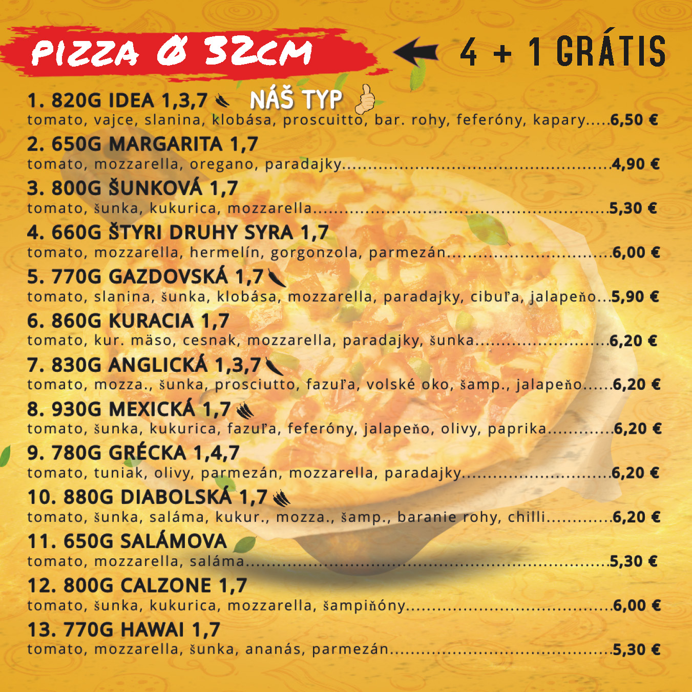 Pizza Michalovce 4+1 grátis